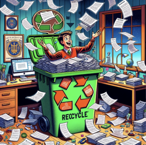 A vibrant illustration depicts a man in a sweater, cheerfully popping out from an oversized green recycling bin brimming with papers, in a whimsically messy office. The bin is humorously adorned with a 'RECYCLE' emblem, emphasizing the theme of reusing. Papers flutter through the air, mimicking the man's buoyant spirit towards the concept of repurposing content. The chaotic desk, cluttered with documents and a computer displaying a text document, signifies the multitasking involved in tailoring personal statements for various applications. The room is adorned with academic certificates, hinting at the academic nature of the applications, while a night sky visible through the window implies dedication to the task, regardless of the hour.